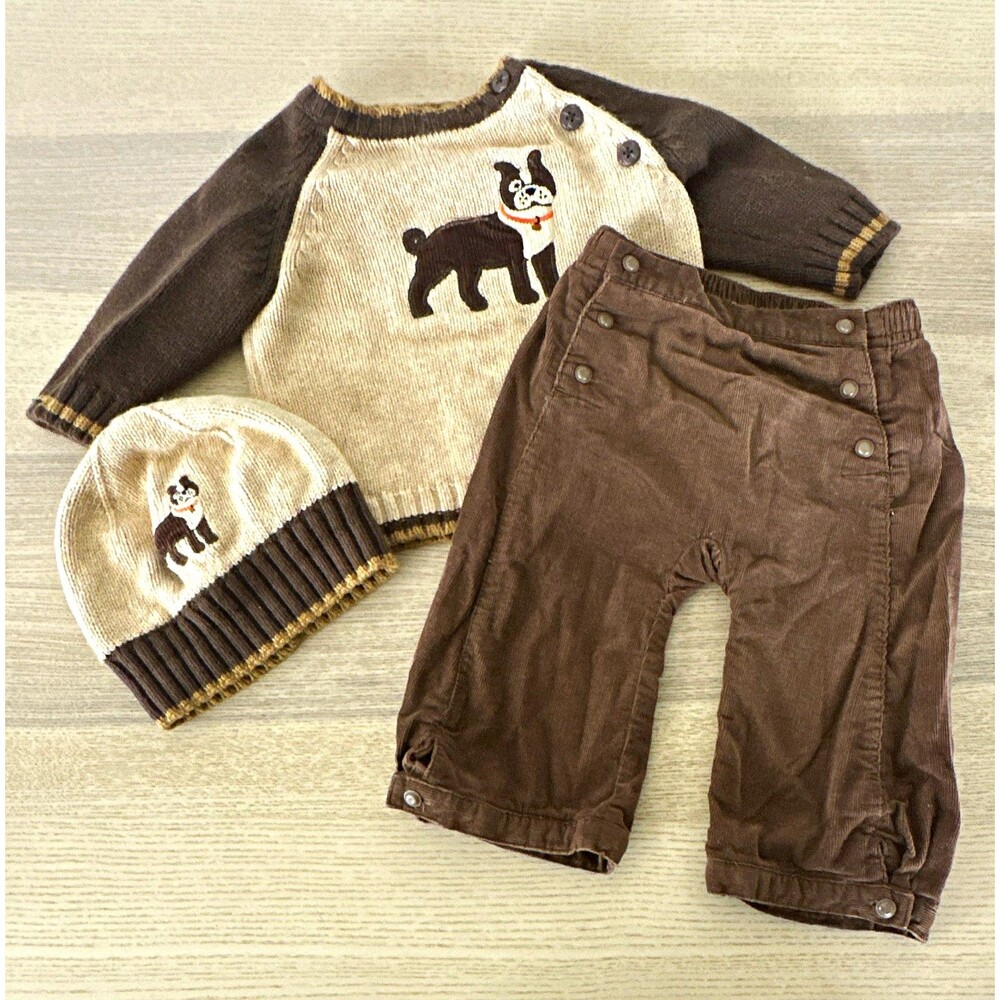 Vintage Janie and Jack Boys 3-6 Mos 3pc Outfit Sweater Pants Hat Dog Brown Beige